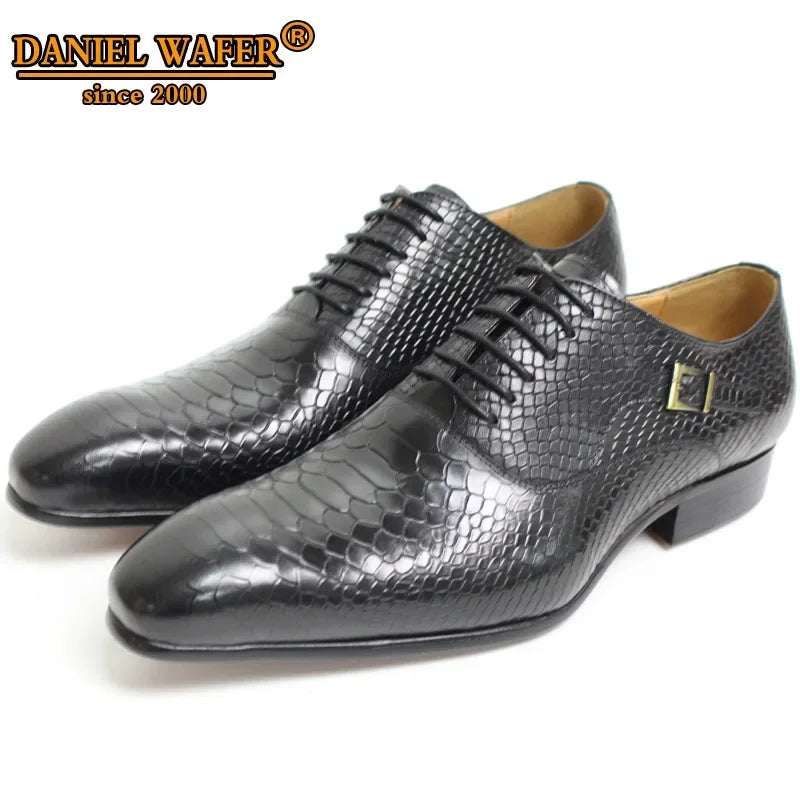 Luxury Men's Oxford Shoes Snake Skin Print Classic Dress Leather Coffee/Black Pointed Toe Lace-Up Formal Shoes